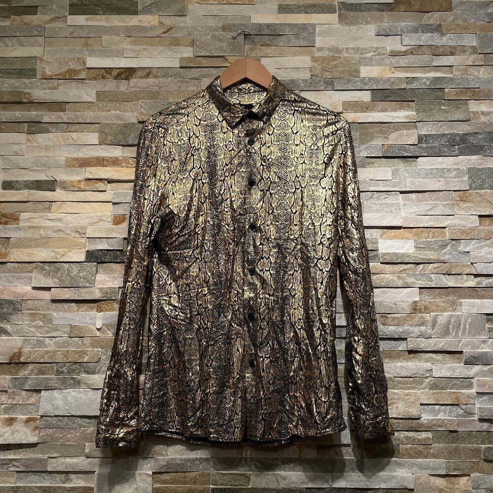 Jaded London Small Metallic Snakeskin Print Shirt | Gold Black Crinkle Y2K Glam - Picture 9 of 9